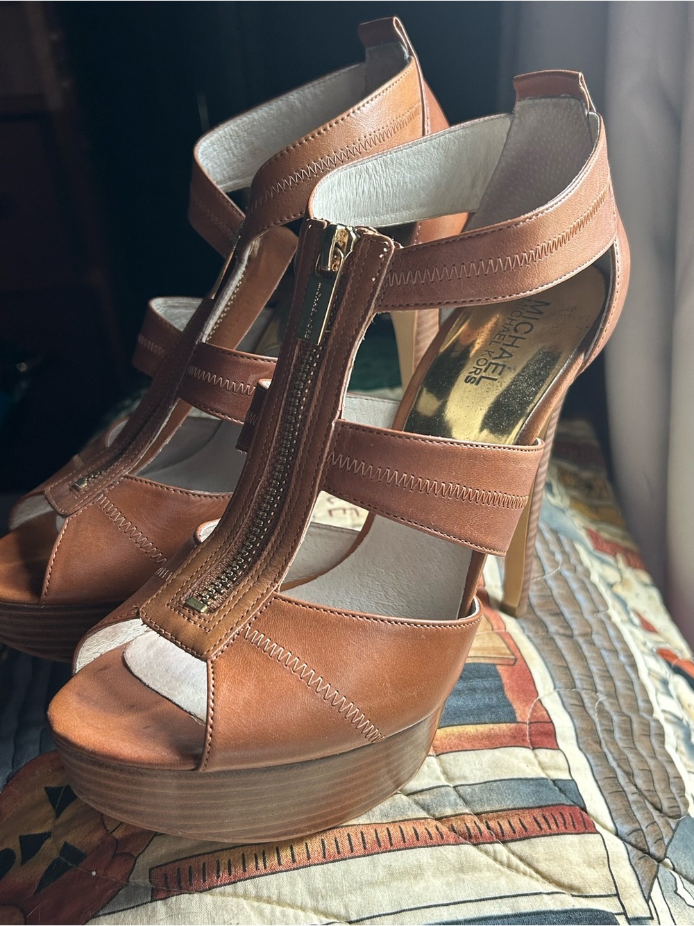 Michael Kors Cognac Leather Platform Sandal with Front Zip